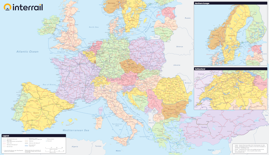 Map of Europe showing the railway network available with the Interrail Pass. Click to open the PDF version.