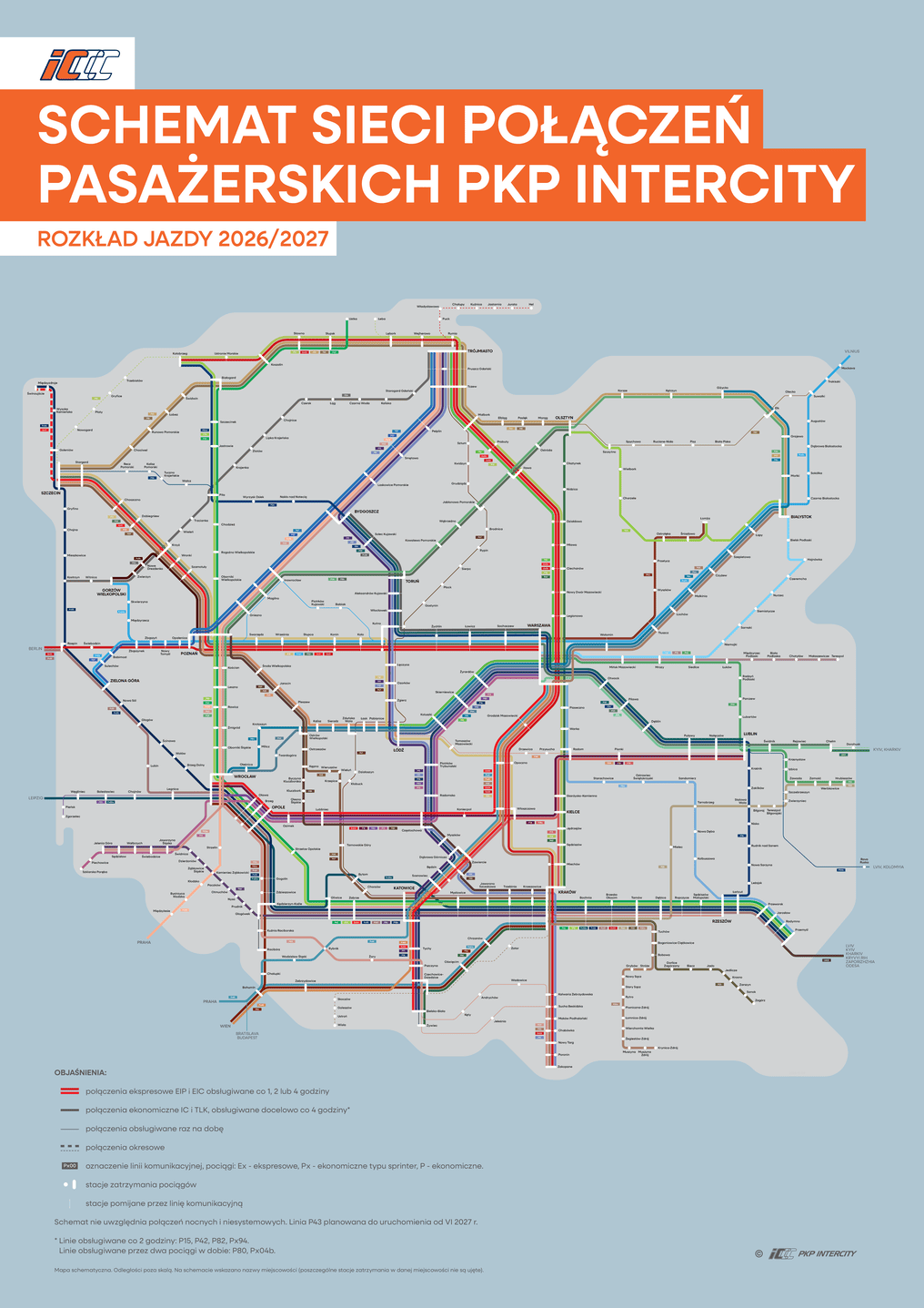 Schemat sieci połączeń pasażerskich PKP Intercity – rozkład jazdy 2026/2027