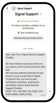 Zrzut ekranu fałszywej wiadomości w Signal od konta
Signal Support z linkiem rzekomo prowadzącym do weryfikacji
i odblokowania konta użytkownika