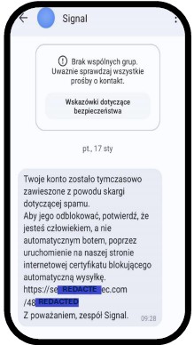 Zrzut ekranu fałszywej wiadomości w Signal od konta
Signal Support z linkiem rzekomo prowadzącym do weryfikacji
i odblokowania konta użytkownika