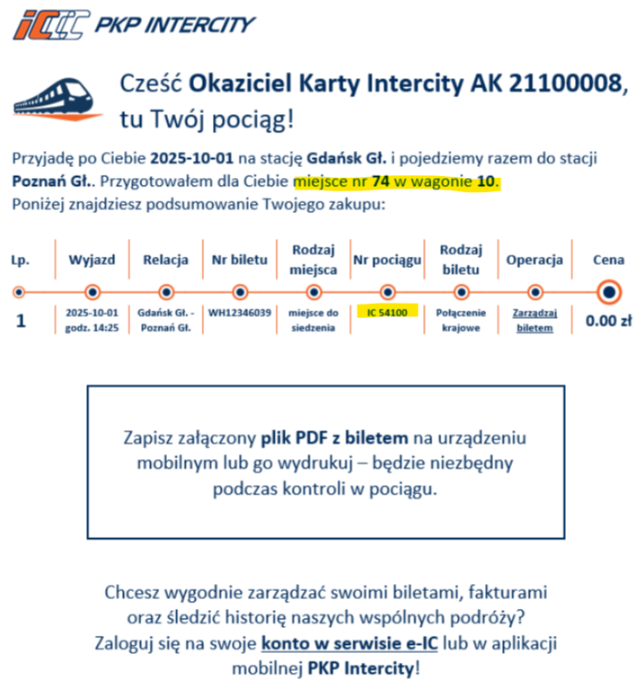 Grafika przedstawia screen wiadomości e-mail zawierający informację o rezerwacji