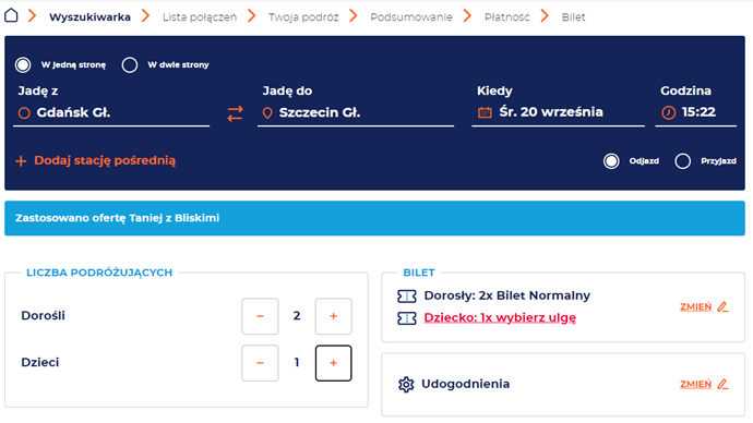 Widok na wyszukiwarkę nowej wersji internetowego systemu sprzedaży - wybór ulg