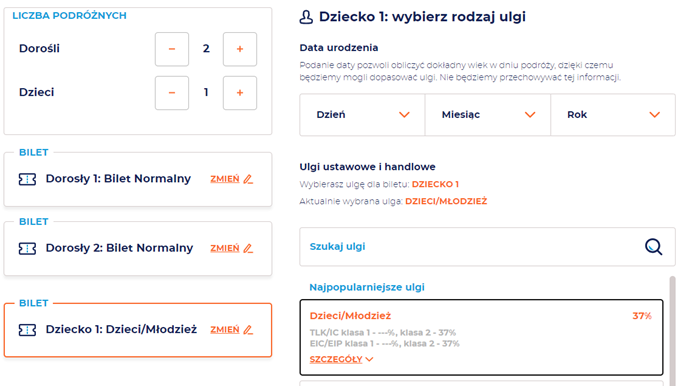 Widok na wyszukiwarkę nowej wersji internetowego systemu sprzedaży - ekran wyboru ulg