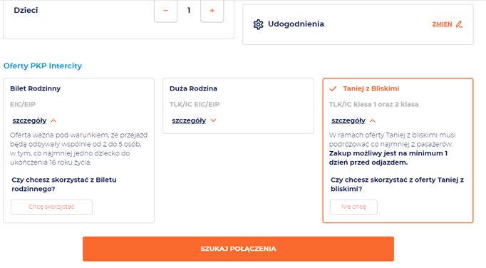 Widok na wyszukiwarkę nowej wersji internetowego systemu sprzedaży - oferta Taniej z Bliskimi