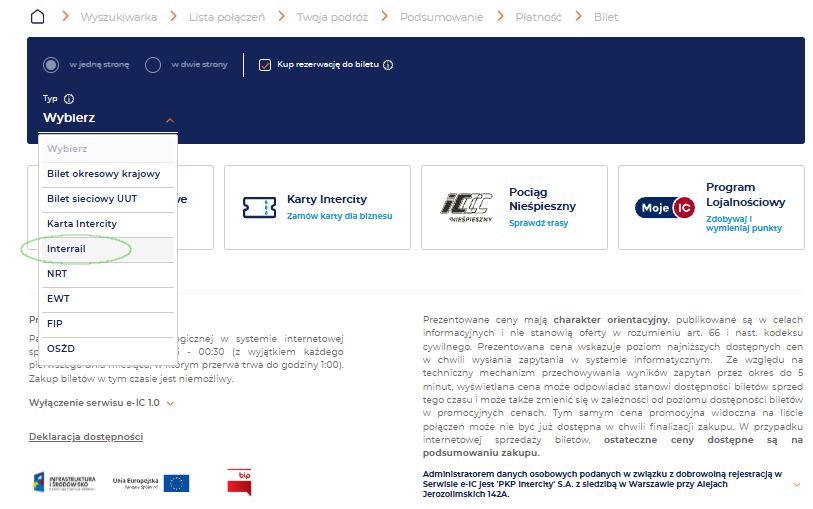 Grafika przedstawia wybór Interrail z rozwijanej listy