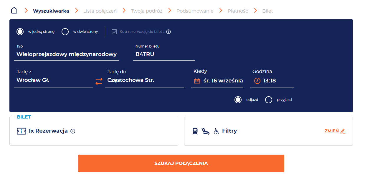 Grafika przedstawia uzupełnioną wyszukiwarkę również o dane związane z wybranym biletem Interrail