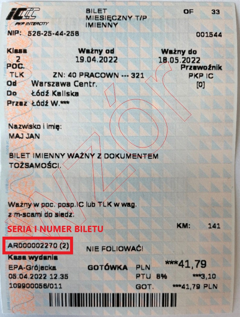 Wzór biletu okresowego z kasy PKP IC